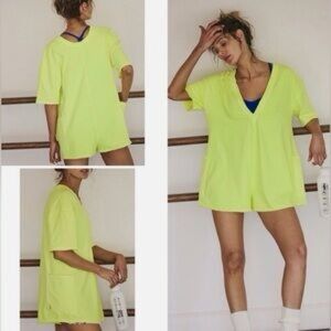 NWT FREE PEOPLE Movement Hot Shot Tee Romper size Large in Neon Yellow